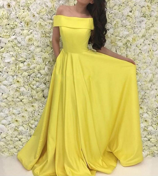 ZYLLGF Elegant Satin Long Prom Dresses Bateau Neck Off Shoulder Prom Dresses Custom Made Simple Yellow Evening Gowns Fast 