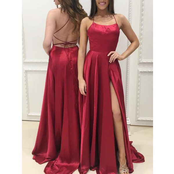 ZYLLGF A Line Side Split Prom Dresses Spaghetti Criss Cross Straps Back Sweep Train Sexy Evening Dresses