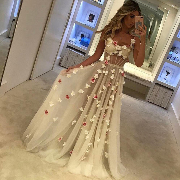 ZYLLGF Romantic Prom Dresses Evening Gowns Sexy See Through Sleeveless A Line Prom Gown With Hand Made Flower Formal Party Dresses