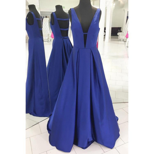 ZYLLGF Blue A Line Prom Dresses Deep V Neck Sleeveless Sexy Backless Floor Length Prom Gowns Evening Dresses From China