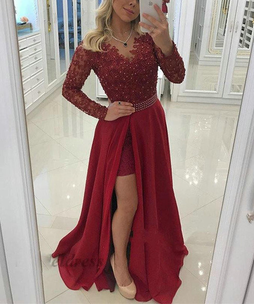 ZYLLGF Dark Red Long Sleeve Prom Dresses Lace Tops Appliques Chiffon A Line Side Split Waist Pearls Floor Length Formal Evening Gowns