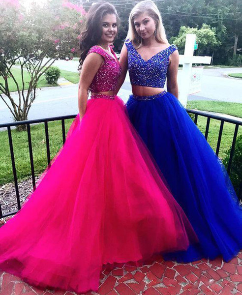 ZYLLGF Plus Size Crystals Prom Dresses Two Piece A Line Deep V Neck Tulle Formal Special Occasion Party Gowns