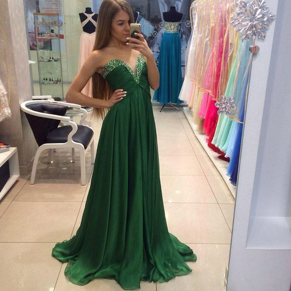 ZYLLGF Simple Vestidos De Fiesta Green Chiffon Prom Dresses Crystals Beaded Sweetheart A Line Pleats Long Party Evening Gowns Cheap