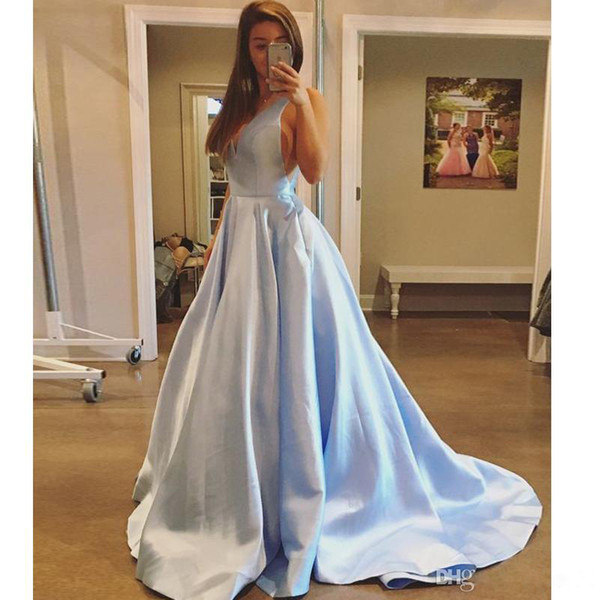 ZYLLGF Sexy Backless Prom Party Gown A-Line V-Neck Sweep Train Blue Satin Prom Dress With Pockets Simple Prom Evening Gowns