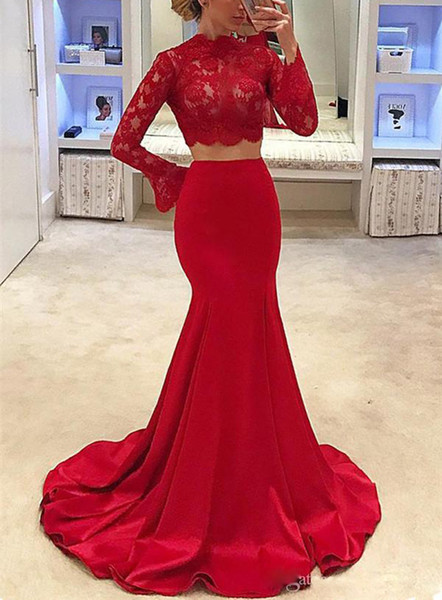 ZYLLGF Red Two Pieces Prom Dresses Mermaid Lace Cheap Formal Evening Gowns High Neck Long Sleeves Robe De Soriee