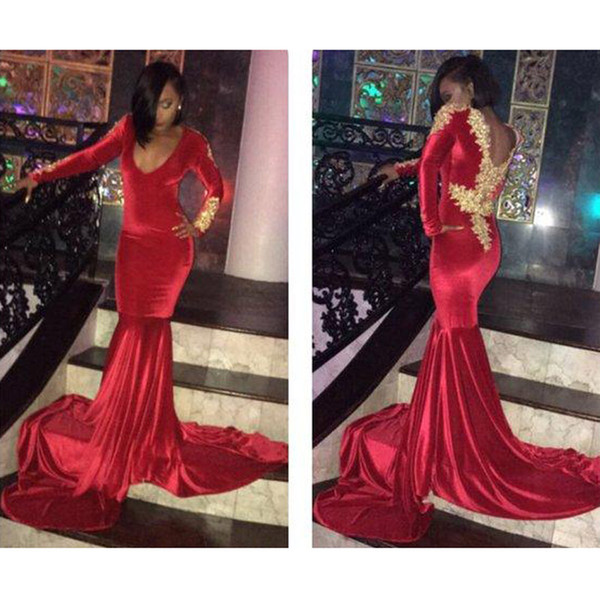 ZYLLGF Red Mermaid Prom Dresses Gold Applique Sexy V Neck Long Sleeves Formal Evening Party Gowns Custom Made