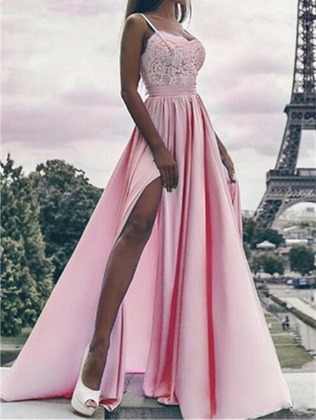 ZYLLGF Pink High Split Prom Dresses A Line Sweetheart Spagehtti Straps Appliques Special Occasion Party Gowns Evening Dress