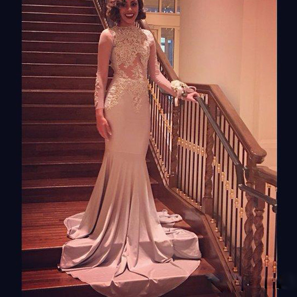 ZYLLGF Mermaid Prom Dresses Lace Applique Jewel Neck Long Illusion Sleeves Formal Evening Party Gowns Custom Made