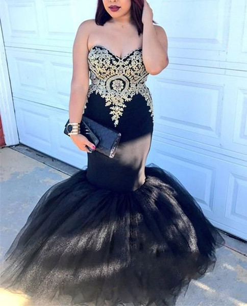 ZYLLGF Black Mermaid Prom Dresses Gold Appliques Sweetheart Long Floor Length Lace Up Back Plus Size Formal Evening Dresses Prom Gown