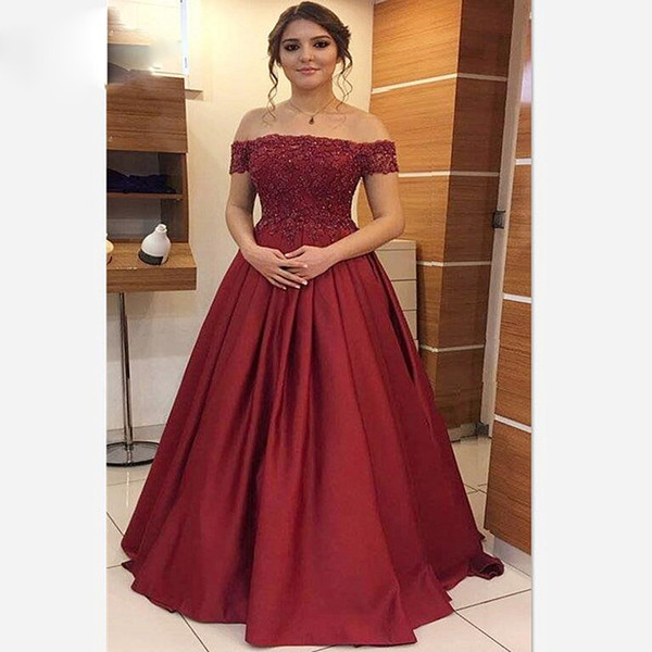 ZYLLGF Elegant Burgundy Off Shoulder Evening Formal Dresses Long Lace Appliques Beaded Sequins Satin A Line Prom Pageant Gown