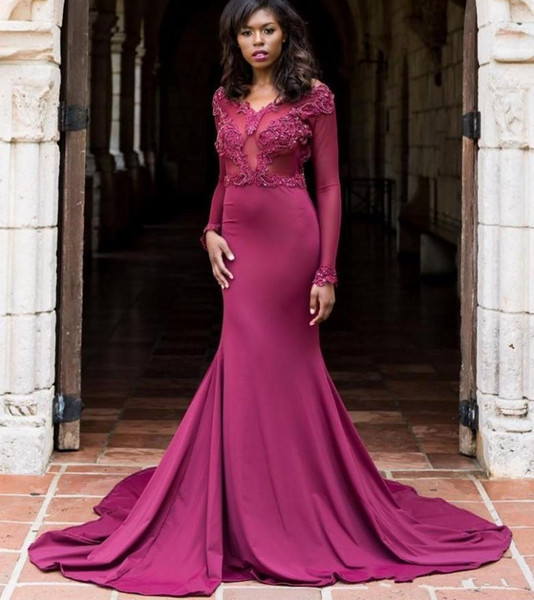 ZYLLGF Sexy African V-Neck Mermaid Prom Dresses Open Back Illusion Long Sleeves Evening Gowns Long Party Gowns With Appliques