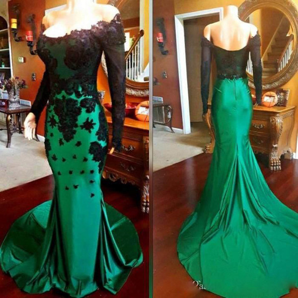 ZYLLGF Green Long Sleeve Mermaid Prom Dresses Appliques Taffeta Sweep Train Formal Party Evening Dresses Prom Gowns Special Occasion Dress