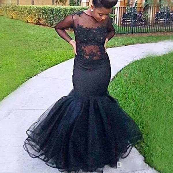 ZYLLGF Charming Black Prom Dresses Long Sleeve Plus Size Lace Pattern Sweep Train Sheer Back Formal Evening Dresses Gowns