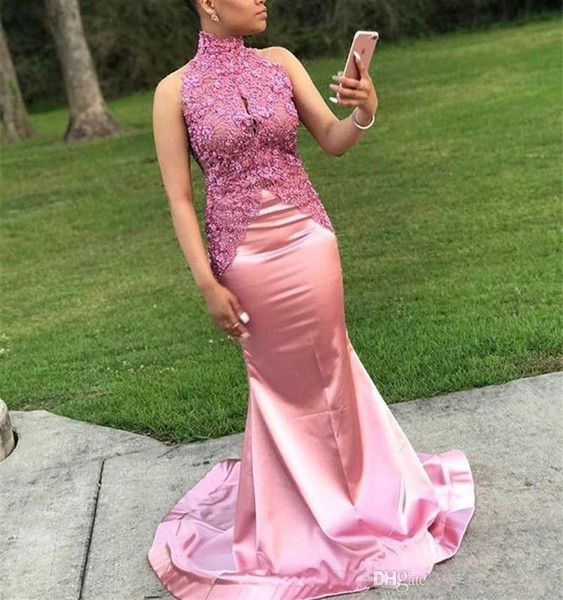 ZYLLGF Sexy Pink African High Neck Mermaid Prom Dresses Sleeveless Formal Evening Gowns Plus Size Custom Made Party Dress