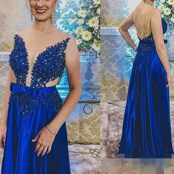 ZYLLGF Sexy Royal Blue Prom Dresses Sleeveless Backless Appliques Beaded Formal Party Evening Dresses Prom Gowns With Bow