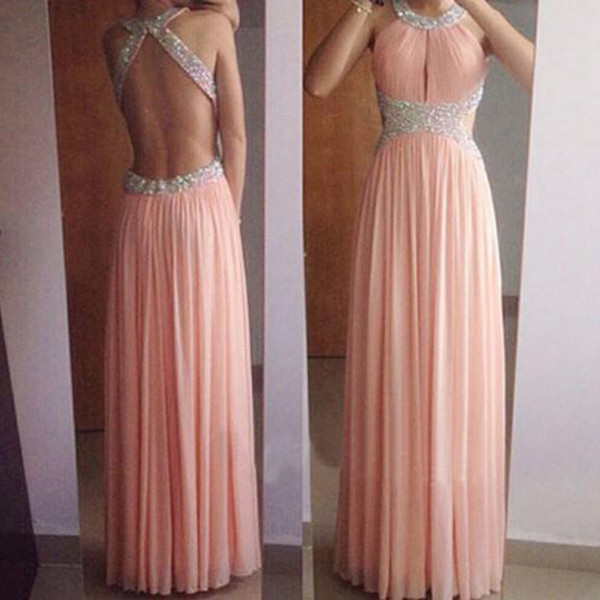 ZYLLGF Sexy Prom Dress Long A Line Crystals Beads Halter Neck Backless Cut Out Sexy Cutaway Waist Evening Party Gowns High Quality