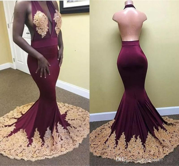 ZYLLGF Latest Sexy Halter Mermaid Prom Dresses Sleeveless Backless Arabic Formal Evening Dresses Lace Appliques Prom Evening Gown