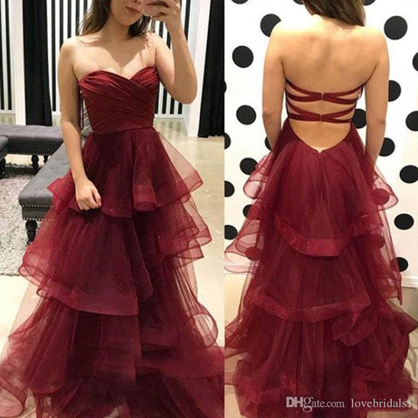 ZYLLGF Elegant Dark Red Evening Dressees With Tiered Tulle Skirt Sweetheart Pleats Floor Length Formal Prom Party Dresses for Women