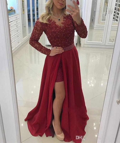 ZYLLGF Long Sleeves High Split Prom Dresses Sheath Chiffon Lace Beaded Long Floor Length Formal Evening Dresses For Sale