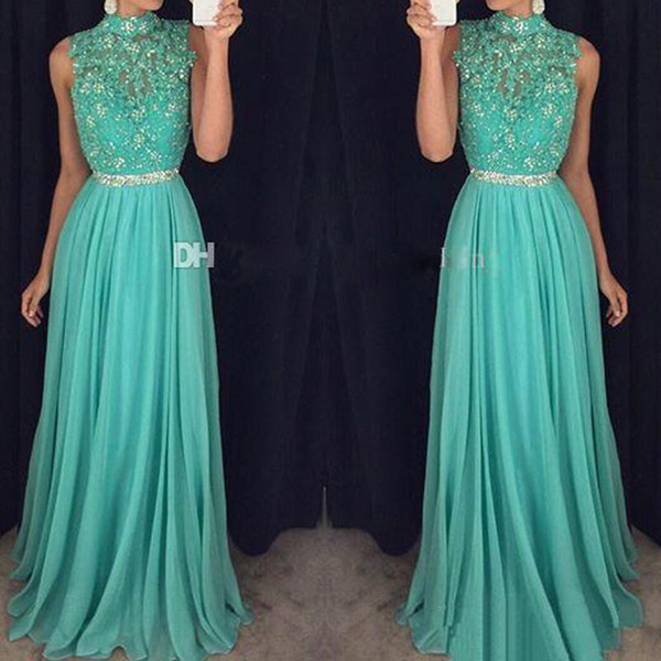 ZYLLGF Green Long Prom Dresses High Neck Lace Appliques Chiffon Floor Length Backless Evening Gowns Formal Party Dresses With Beadings