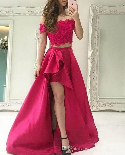 ZYLLGF New Two Pieces Prom Dresses Off Shoulder Hi-Low Lace Appliques And Satin Formal Party Dresses Evening Wear With Beadings