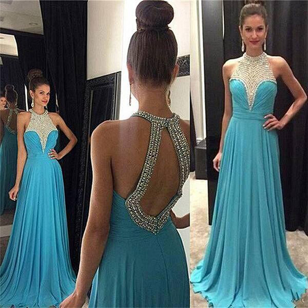 ZYLLGF Blue Halter Neck Long Prom Dresses Sequins Beaded Sexy Open Back Chiffon Evening Gowns Party Dresses