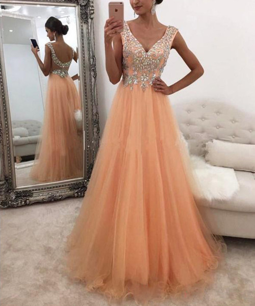 ZYLLGF New Rhinestones Beaded Prom Dresses A Line V Neck Tulle Long Evening Gowns Formal Special Occasion Dress Robe De Soriee