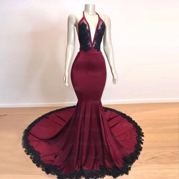 ZYLLGF Burgundy Mermaid Prom Dresses Halter Neck Satin Sexy Backless Evening Dresses Prom Party Dresses With Black Appliques