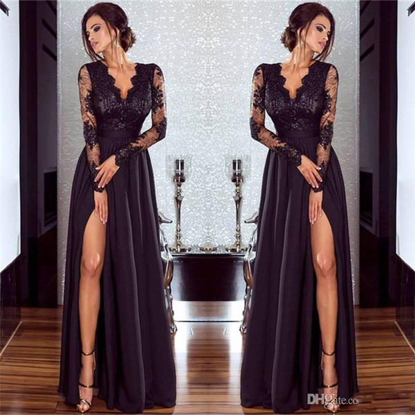 ZYLLGF Sexy Black Prom Dresses Side Split Lace Deep V Neck Floor Length Formal Evening Wear Long Sleeves Prom Gowns