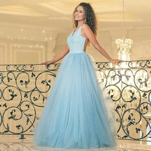 ZYLLGF Cheap Prom Dresses Light Sky Blue A Line Deep V Neck Sexy Open Back Tulle Evening Formal Dress Party Gowns