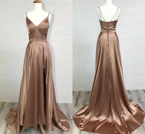 ZYLLGF Chocalate Satin Long Prom Dresses A Line V Neck Spaghetti Straps Slit Side Formal Evening Dresses Sexy Simple Party Dresses