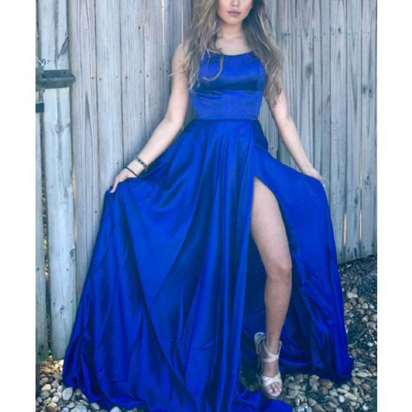 ZYLLGF Sexy Roay Blue Mermaid Side Split Prom Dresses Bateau Neck Spaghetti Criss Cross Straps Back Sweep Train Evening Dresses