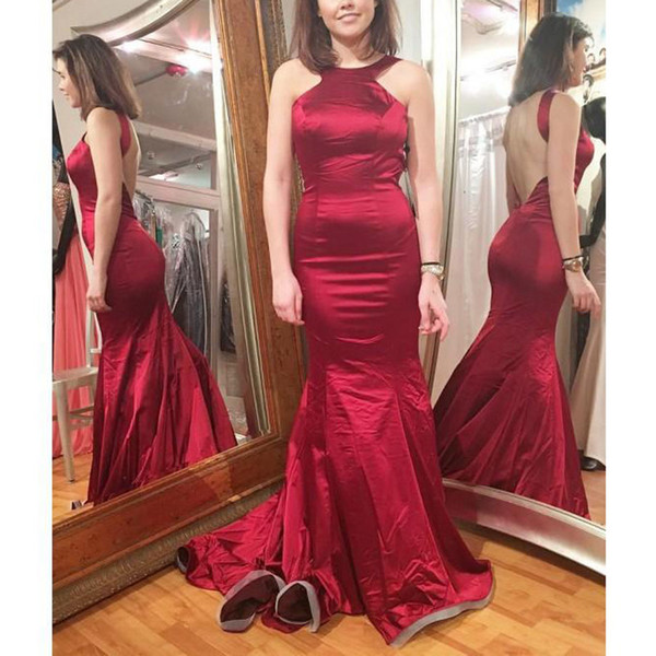 ZYLLGF Elegant Burgundy Satin Mermaid Prom Dresses Sleeveless Sexy Backless Zipper Sweep Train Prom Gowns Evening Dresses Formal Wear