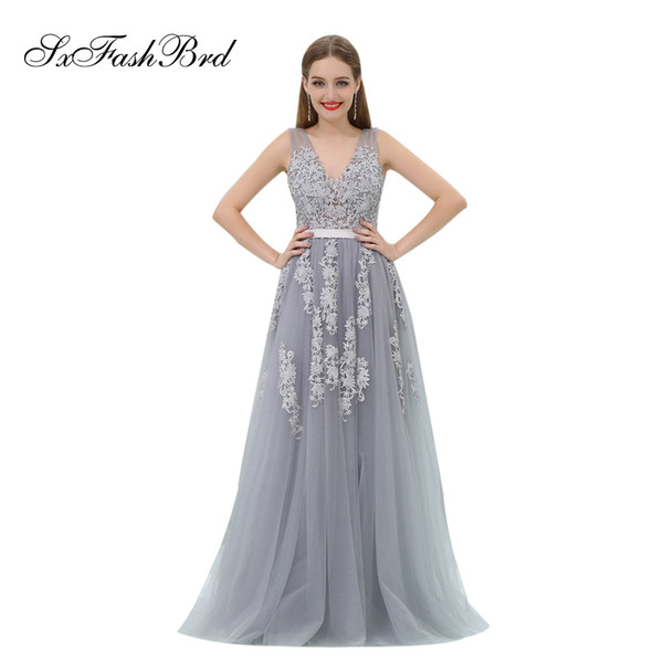 Elegant Girls Dress V Neck With Appliques A Line Tulle Long Party Formal Evening Dresses for Women Prom Dress Gowns