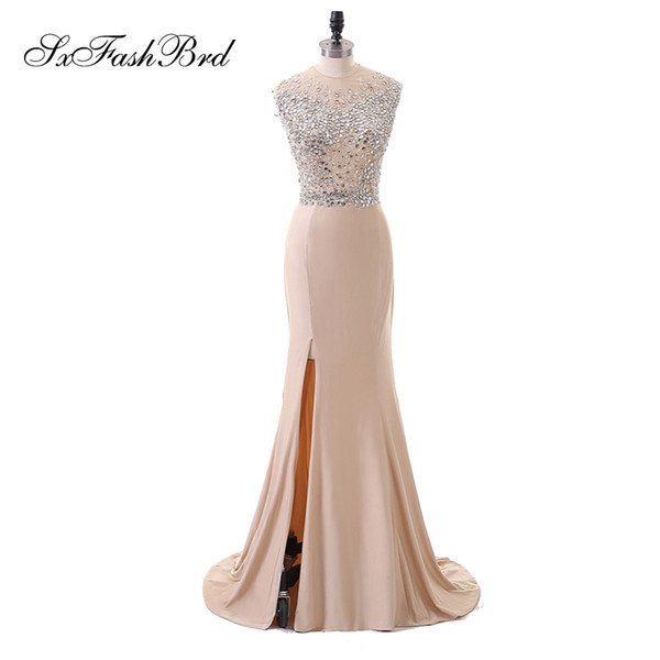 Elegant Evening Dress Sexy O Neck With Crystals Mermaid Side Split Long Party Formal Evening Dresses Gowns for Women Two Pieces Prom