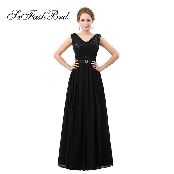 Elegant Evening Dress V Neck Open Back A Line Long Black Chiffon Party Formal Evening Dresses for Women Prom Dress Gowns