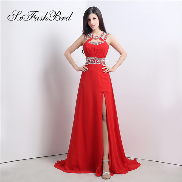 Fashion Elegant Halter Neck With Beading A Line Side Split Chiffon Long Party Formal Evening Dresses for Women Prom Dress