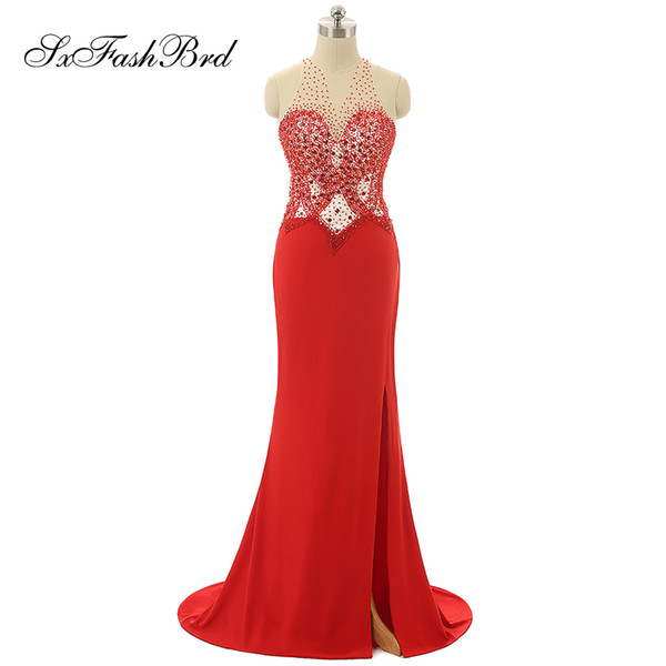 Fashion Elegant O Neck With Beading Open Back Mermaid Side Split Long Party Formal Evening Dresses for Women Prom Dress