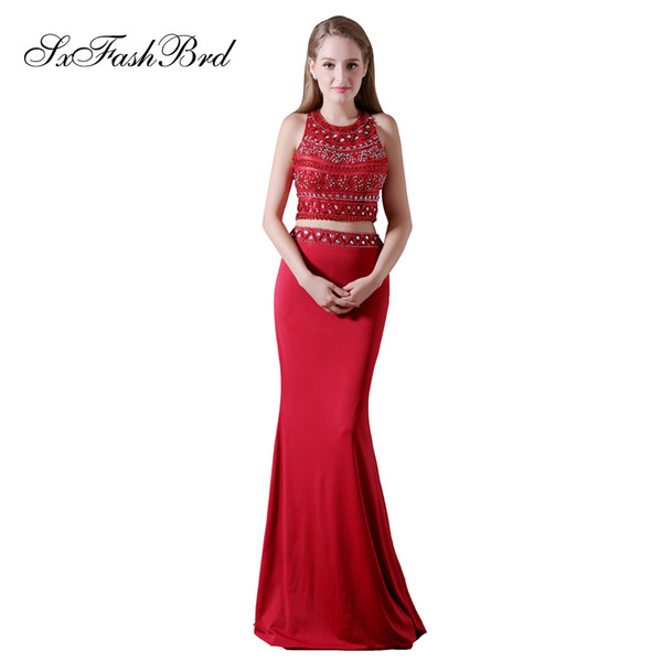 Elegant Girls Dress O Neck With Beading Open Back Crop Top Mermaid Long Satin Party Formal Evening Dresses for Women Prom Dress Gowns