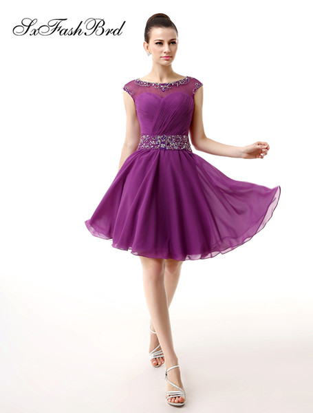 Fashion Elegant O Neck With Bling Beading A Line Mini Short Purple Chiffon Party Formal Evening Dresses Women Short Prom Dress