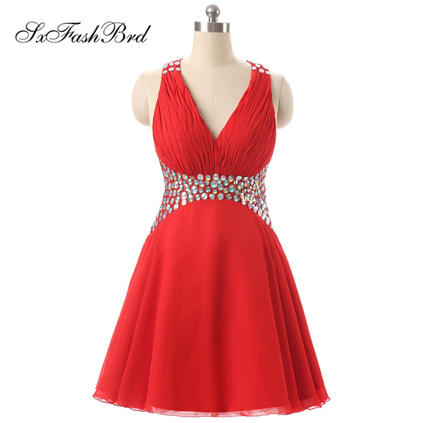 Elegant Evening Dress Sexy V Neck With Crystals A Line Mini Short Chiffon Red Party Formal Evening Dresses Gowns for Women Prom Dress