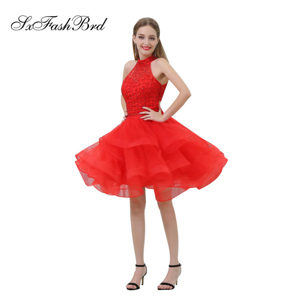 Elegant Dress High Neck With Beading A Line Short Red Tulle Party Formal Evening Dresses New Women Prom Dress Gowns