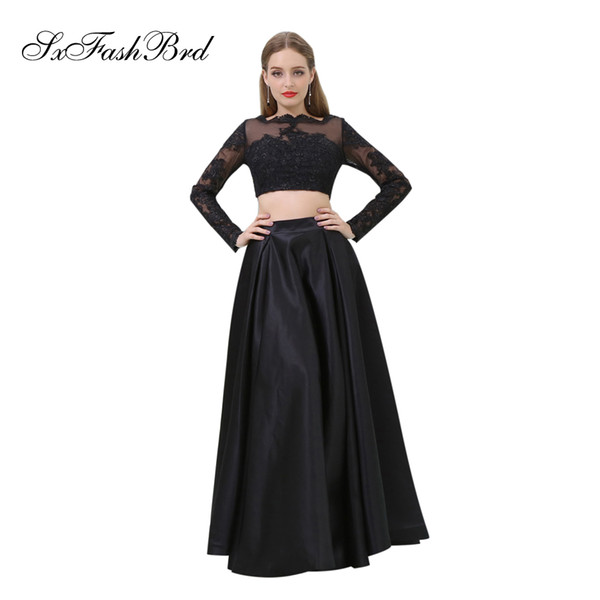 Elegant Girls Dress O Neck With Appliques Long Sleeves Crop Top Long Party Formal Evening Dresses for Women Two Pieces Prom Dress Gowns