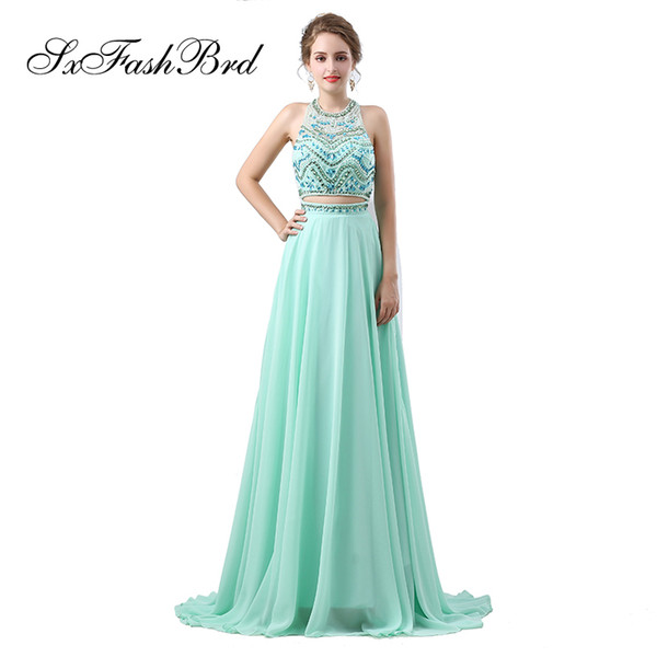 Elegant Girls Dress Halter With Beading Crop Top A Line Long Chiffon Party Formal Evening Dresses for Women Two Pieces Prom Dress Gowns