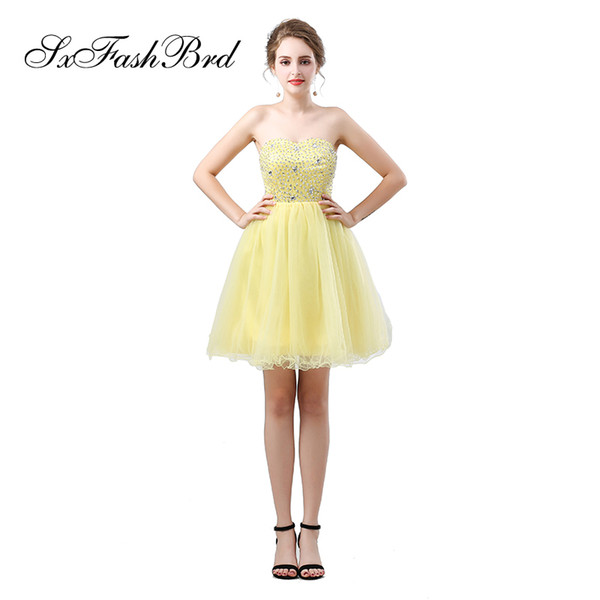 Elegant Girls Dress Sweetheart With Beading A Line Mini Short Yellow Tulle Party Formal Evening Dresses for Women Prom Dress Gowns