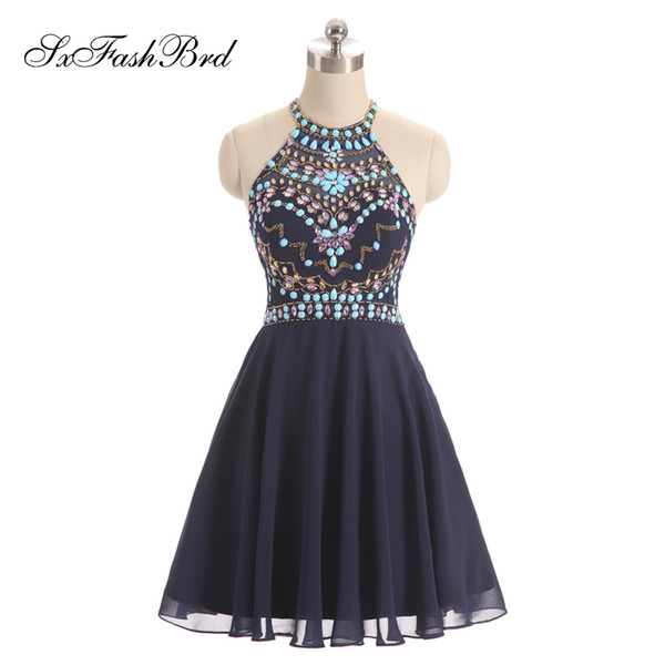 Elegant Halter With Beading A Line Mini Short Navy Blue Chiffon Party Formal Evening Dresses for Women Prom Dress Gowns