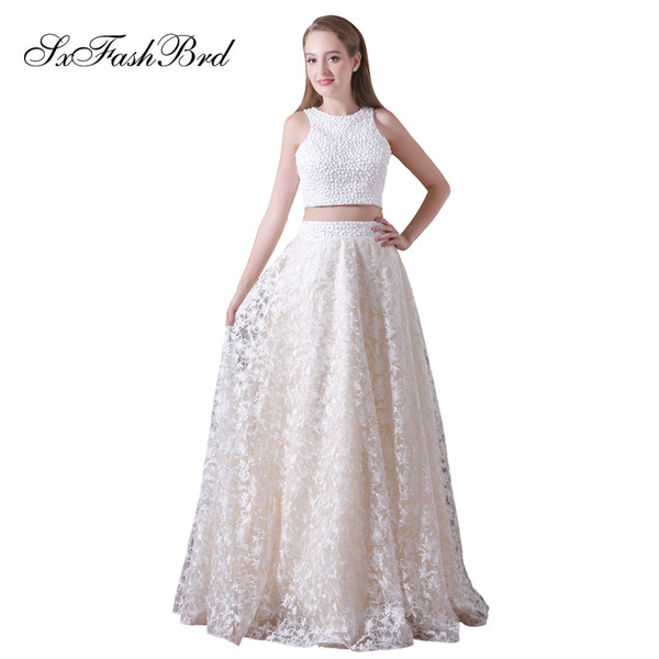 Elegant Girls Dress O Neck With Crystals Crop Top Long Lace Party Formal Evening Dresses for Women Two Pieces Prom Dress Gown