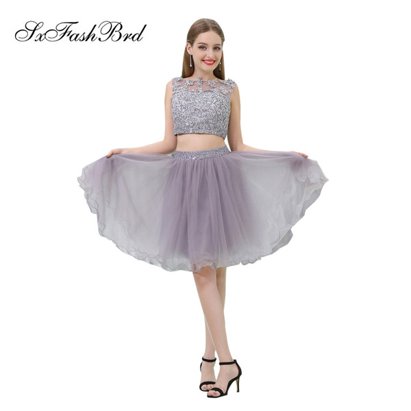 Elegant Girls Dress O Neck With Appliques Crop Top Short Tulle Party Formal Evening Dresses for Women Two Pieces Prom Dress Gowns