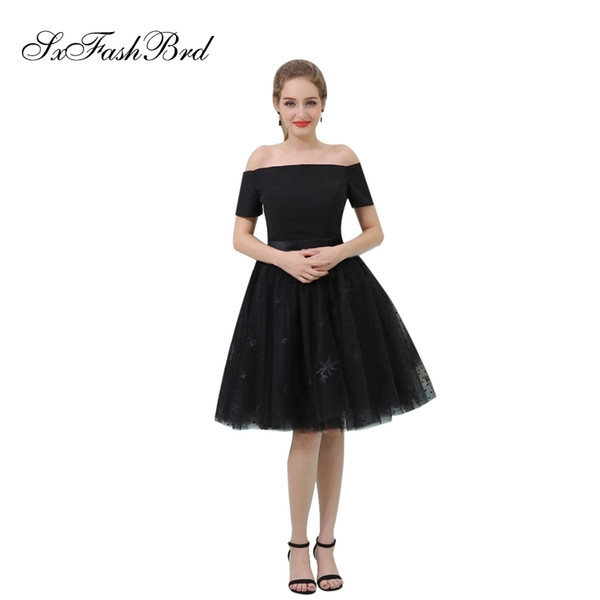 Elegant Girls Dress Boat Neck Short Sleeves A Line Short Black Tulle Party Formal Evening Dresses for Women Prom Dress Gowns