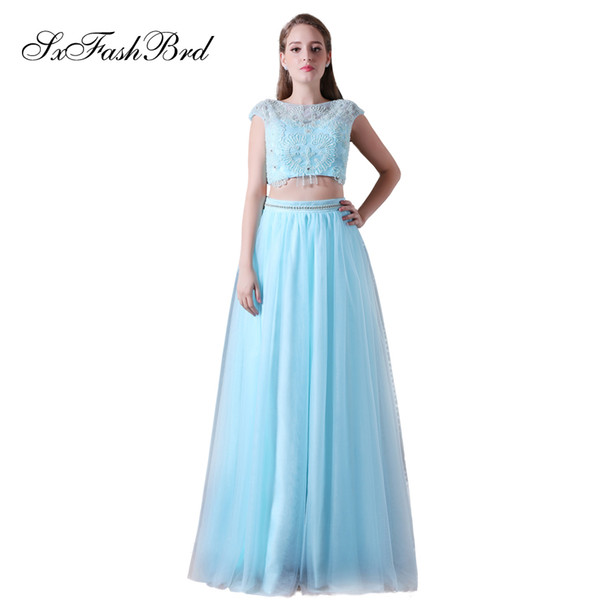 Elegant Girls Dress Boat Neck With Beading Crop Top A Line Tulle Party Formal Evening Dresses for Women Two Pieces Prom Dress Gowns